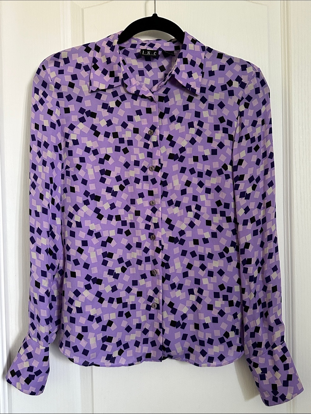 New York & Company purple geometric button-up silk blouse